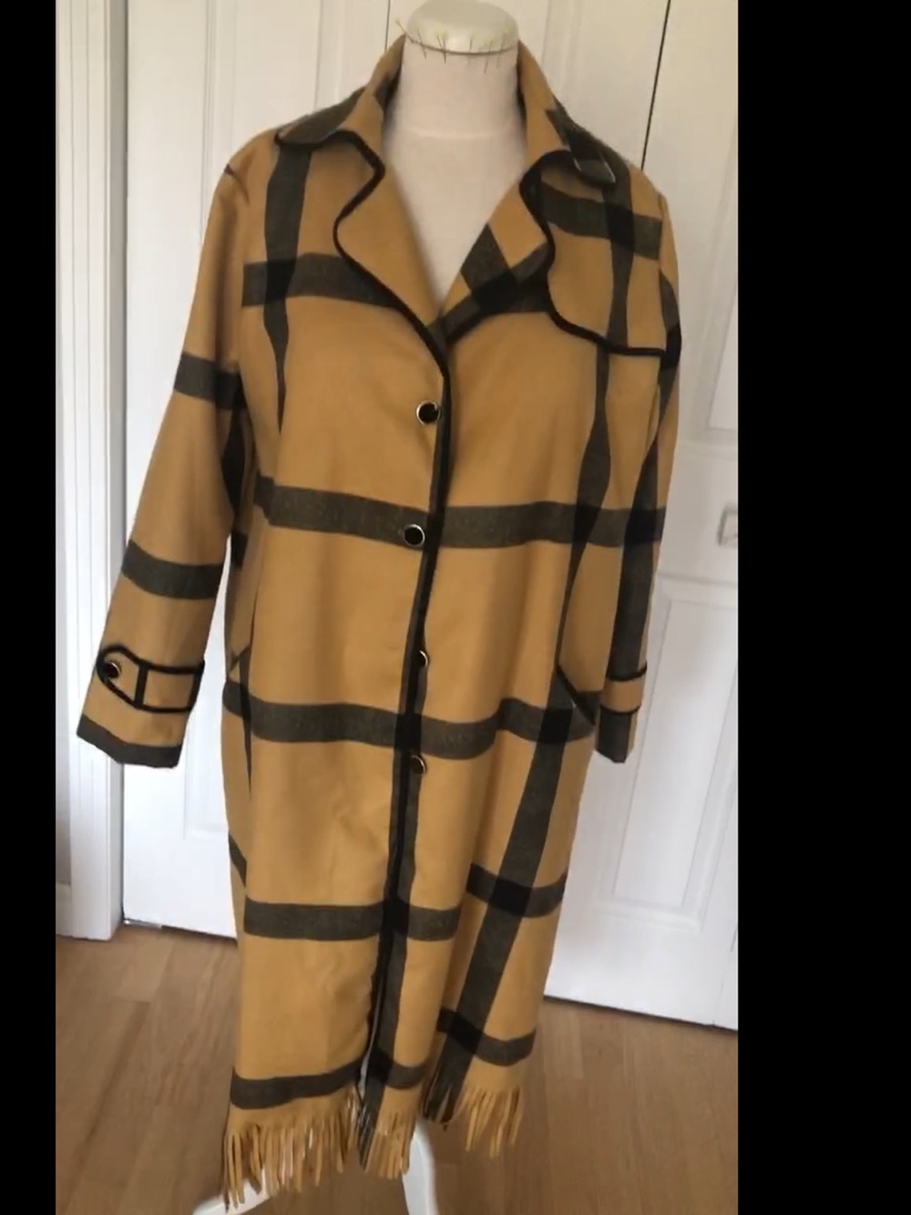 Women's Mustard Plaid Fringe Long Coat - Classic Check